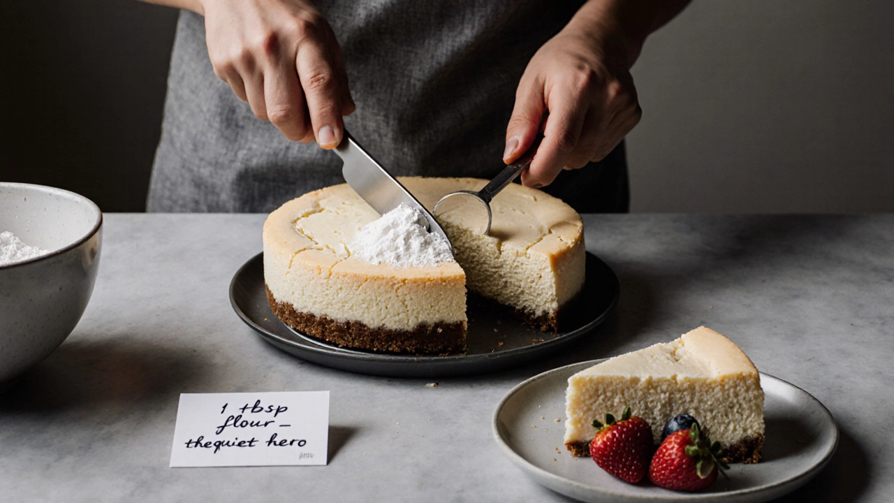 A cleanly sliced cheesecake beside a failed batch, with a measuring spoon of flour on the counter in a cozy kitchen.