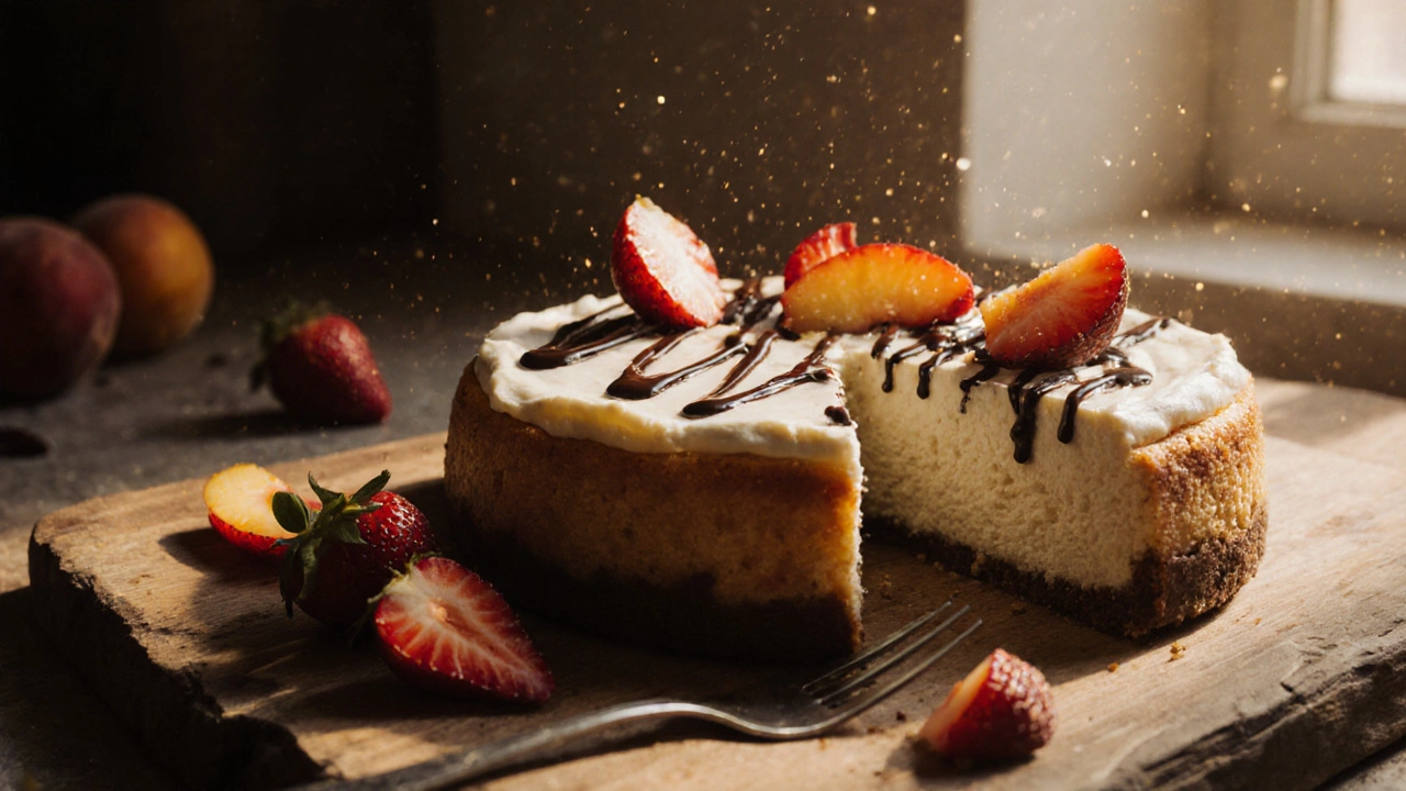 A full New York cheesecake topped with fresh berries, chocolate swirl, and powdered sugar on a wooden board.