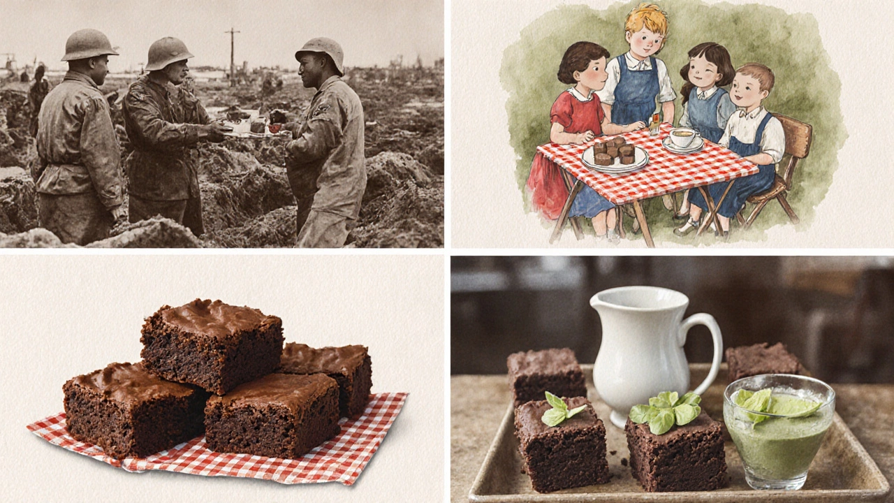 A nostalgic collage showing brownies in American life—from WWI soldiers to modern global bakeries—rendered in watercolor.