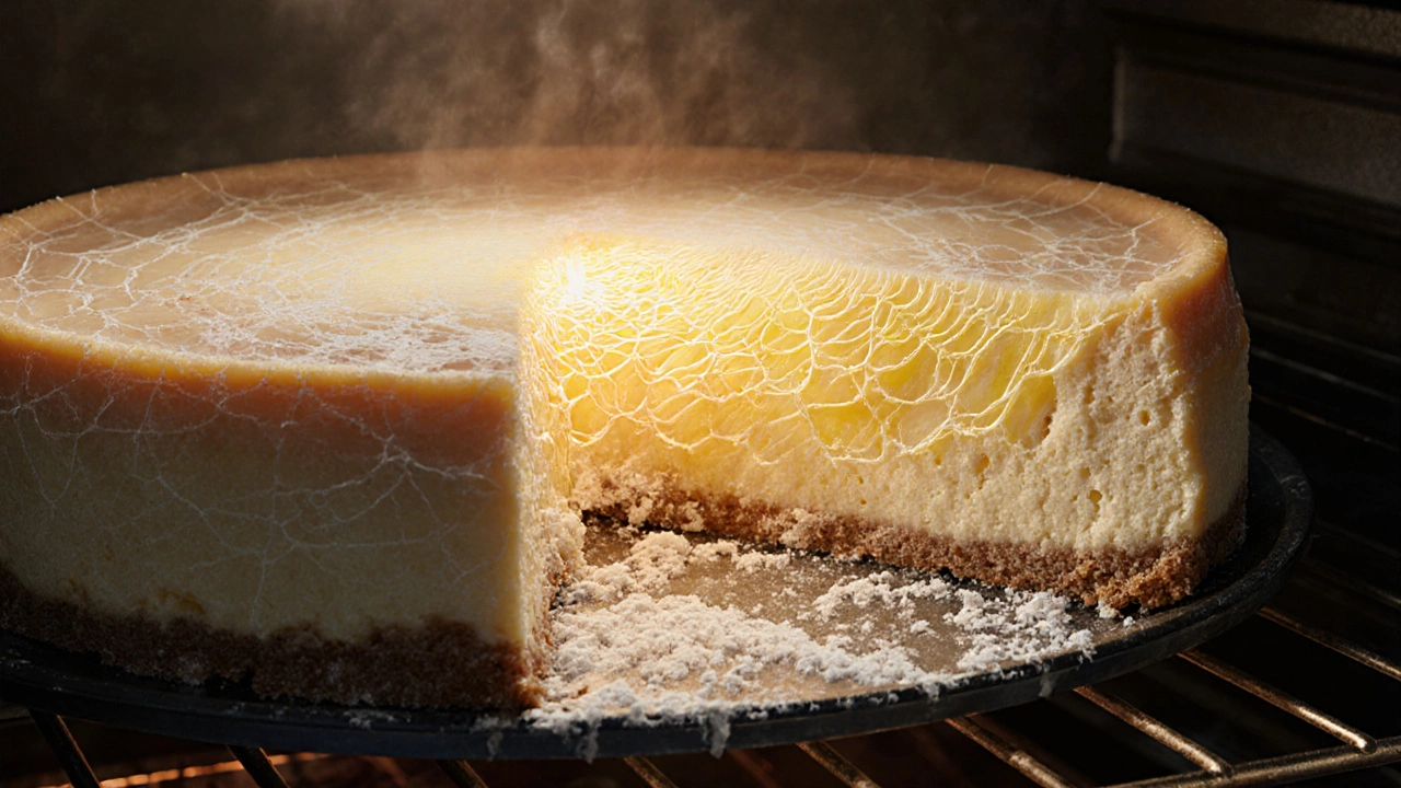 Artistic cross-section of a cheesecake showing flour stabilizing expanding egg proteins, contrasting with a cracked version.