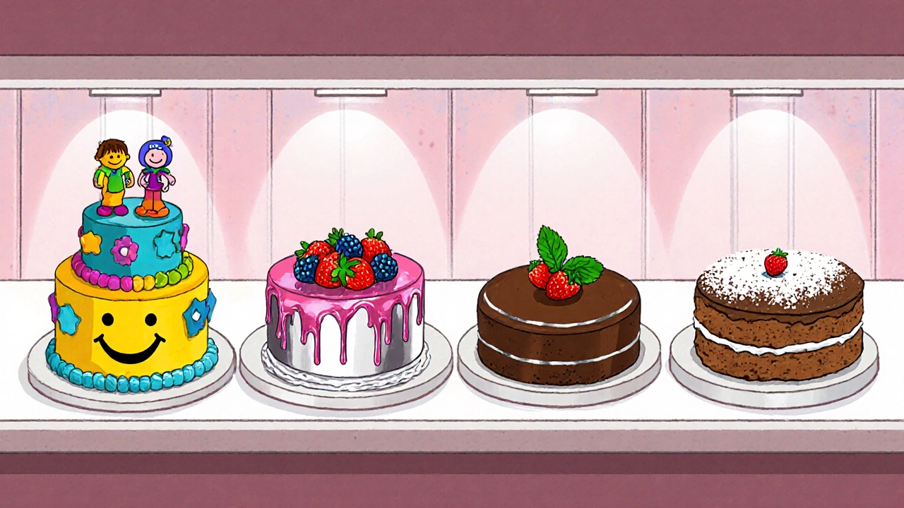 Bakery display with diverse cakes: kids' fondant cake, mirror‑glaze adult cake, vegan chocolate cake, and gluten‑free almond cake.
