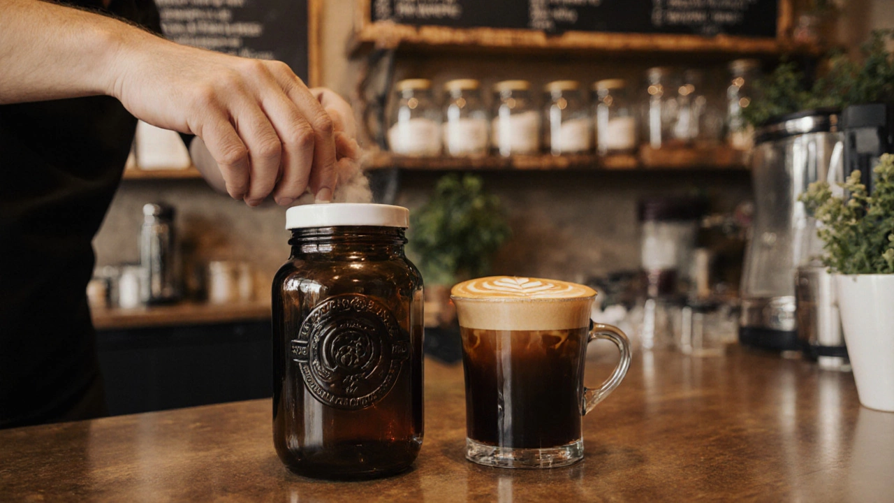Barista popping the cap of a tinted glass requeijão jar at a modern café.