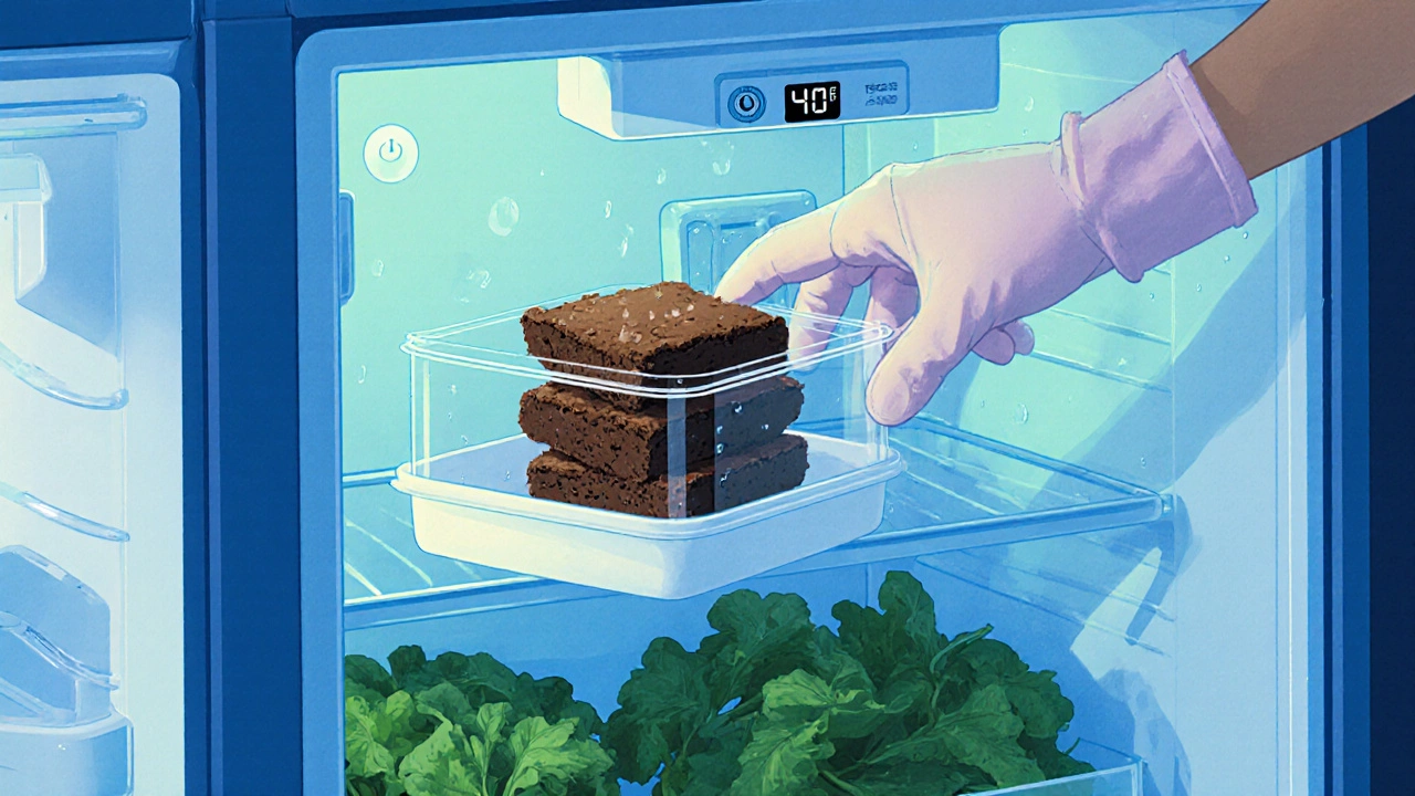 Brownies in a sealed container placed on a fridge shelf with a hand and a thermometer reading 40°F.