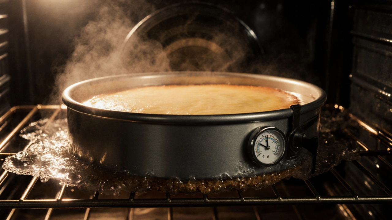 Cheesecake in a springform pan baking in a water bath inside an oven.