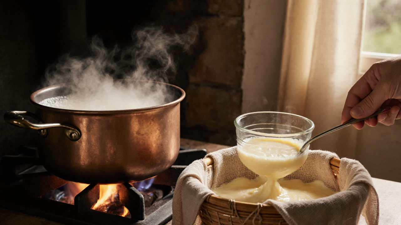 Chefs preparing mascarpone: heating cream, adding lemon, draining curd.