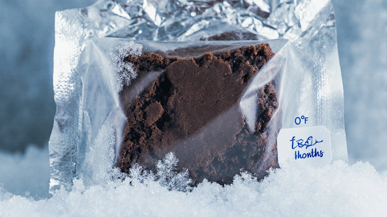 Close‑up of a brownie wrapped in plastic and foil inside a frosty freezer, showing ice crystals.