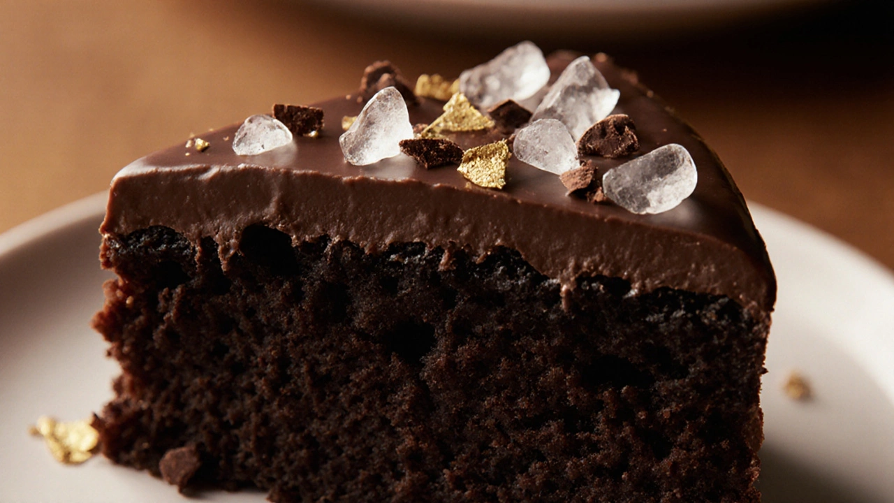 Close‑up of a chocolate cake slice with ganache, gold leaf, sea‑salt flakes, and chocolate shavings.