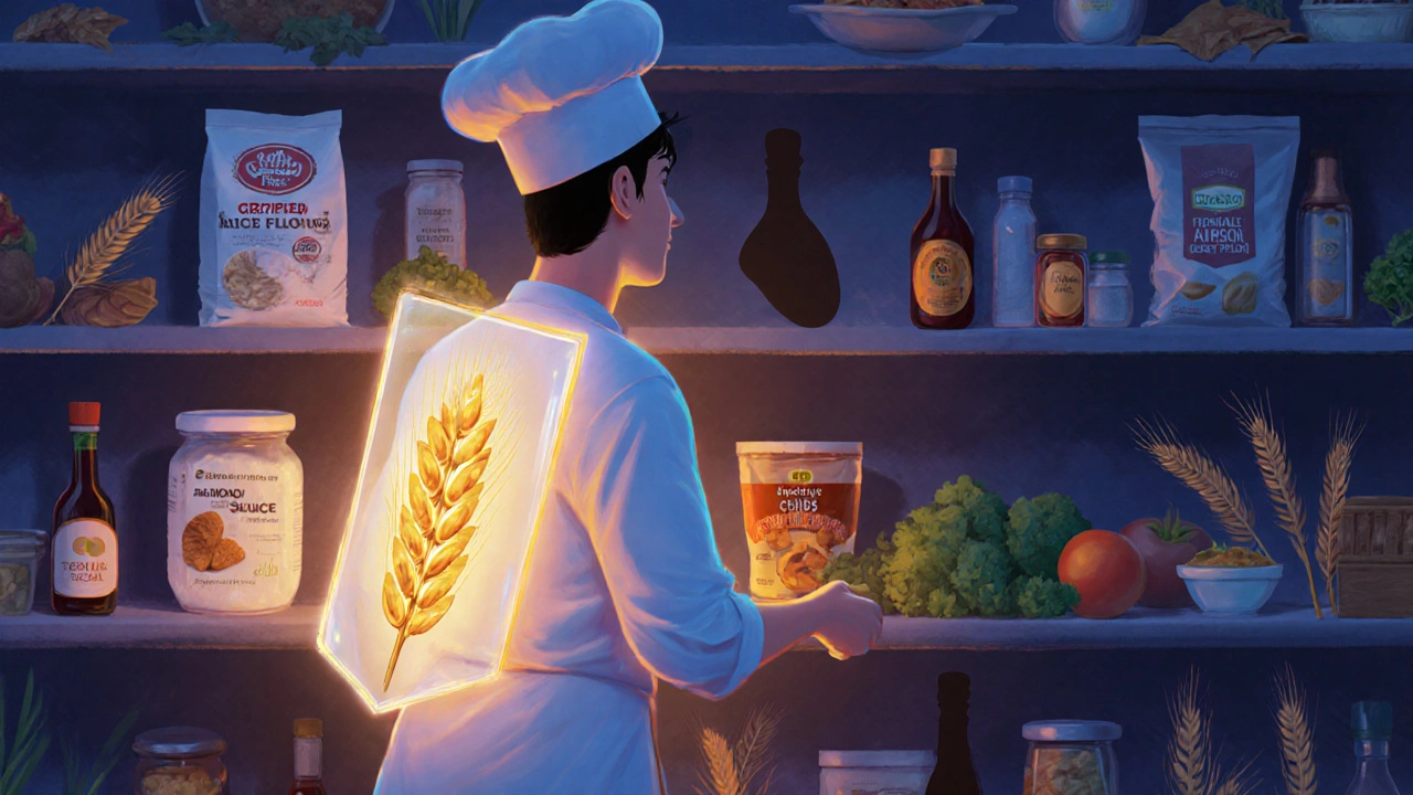 Cook protected by a glowing shield walking through a pantry with safe foods lit and hidden gluten in shadows.