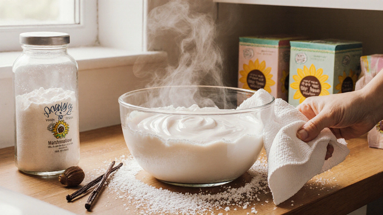 Cozy kitchen with vegan marshmallow mixture, agar‑agar jar, and vegan‑labeled packs on shelf.