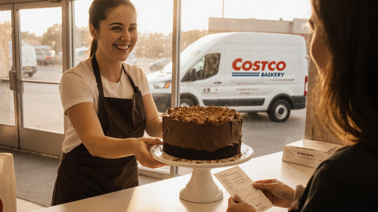 Customer receives a chocolate cake from bakery associate with delivery van outside.