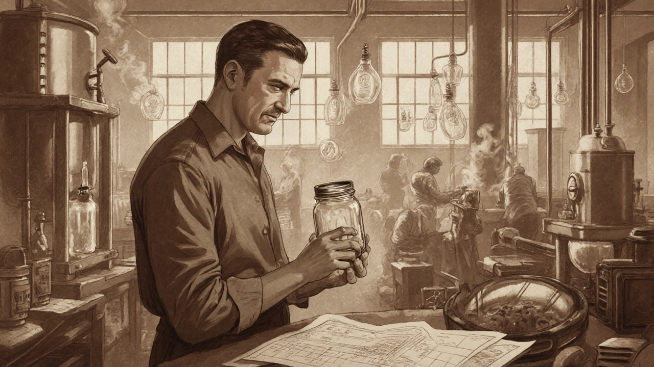 Engineer João Batista de Almeida examining a glass jar prototype in a 1950s workshop.