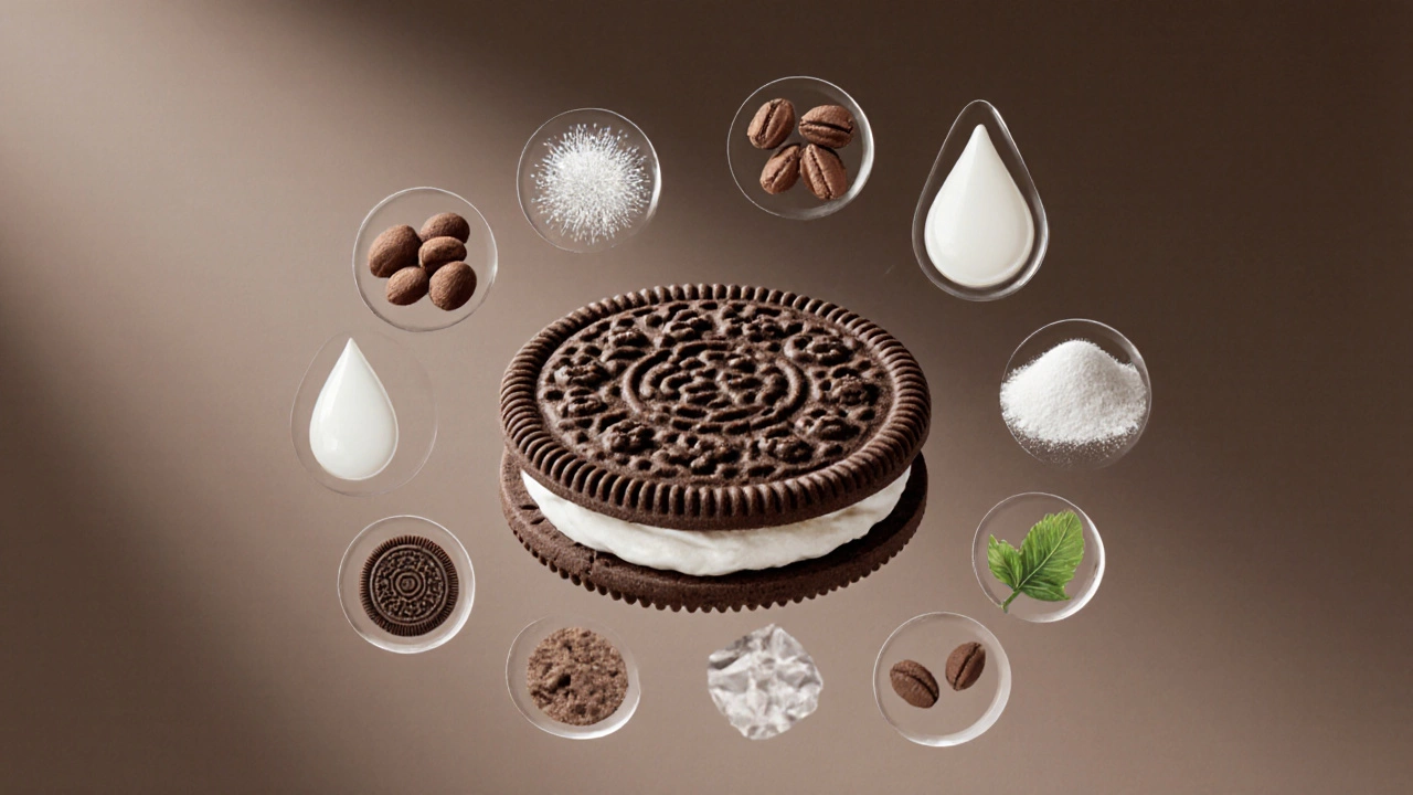 Exploded view of a classic Oreo showing its layers and floating ingredient icons.