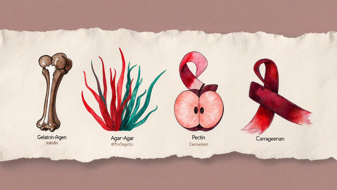 Four illustrated gelling agents: gelatin bone, agar‑agar algae, pectin apple, carrageenan seaweed.