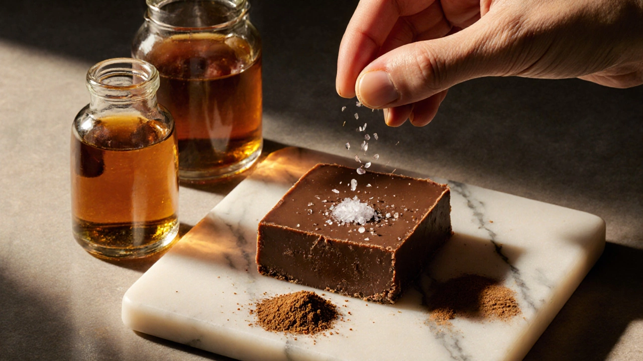 Hand sprinkling salt, espresso powder, and cinnamon over a fudge slab with substitute bottles nearby.