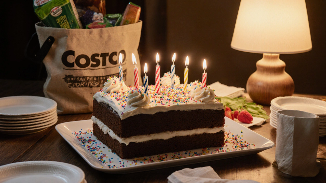 Home celebration with a Costco sheet cake, candles, sprinkles, and simple party supplies.