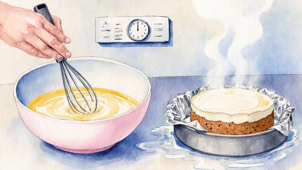 Home kitchen scene showing ingredients and a wrapped springform pan in a water bath for cheesecake.