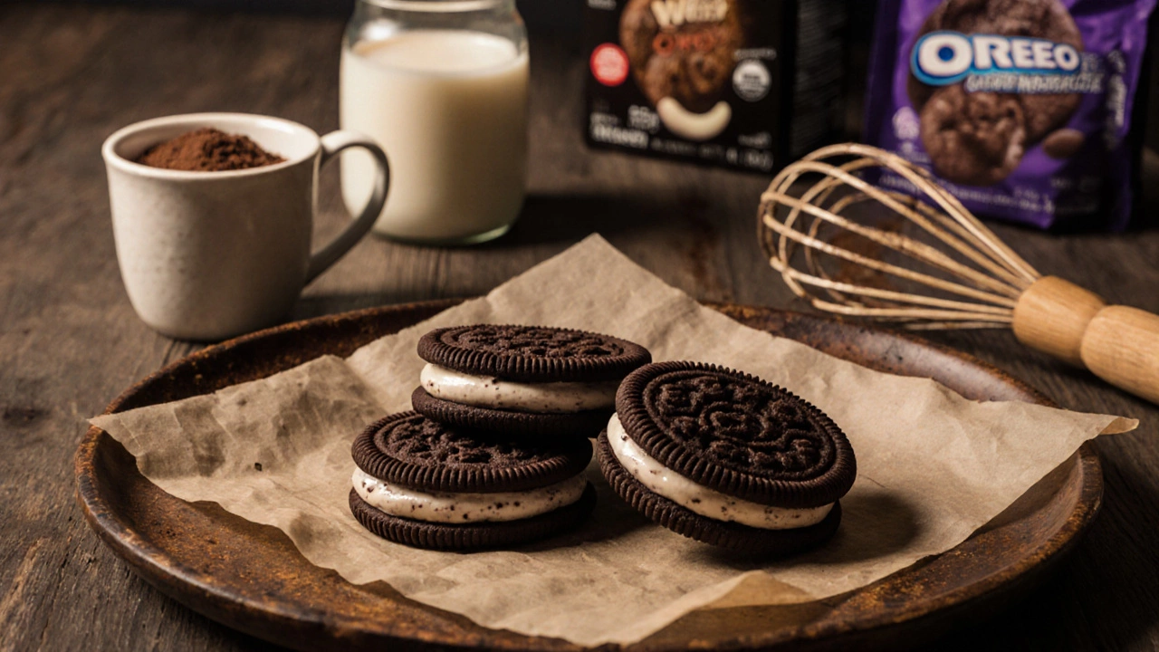 Homemade vegan Oreo‑style cookies with cashew filling displayed on a rustic plate beside oat milk.