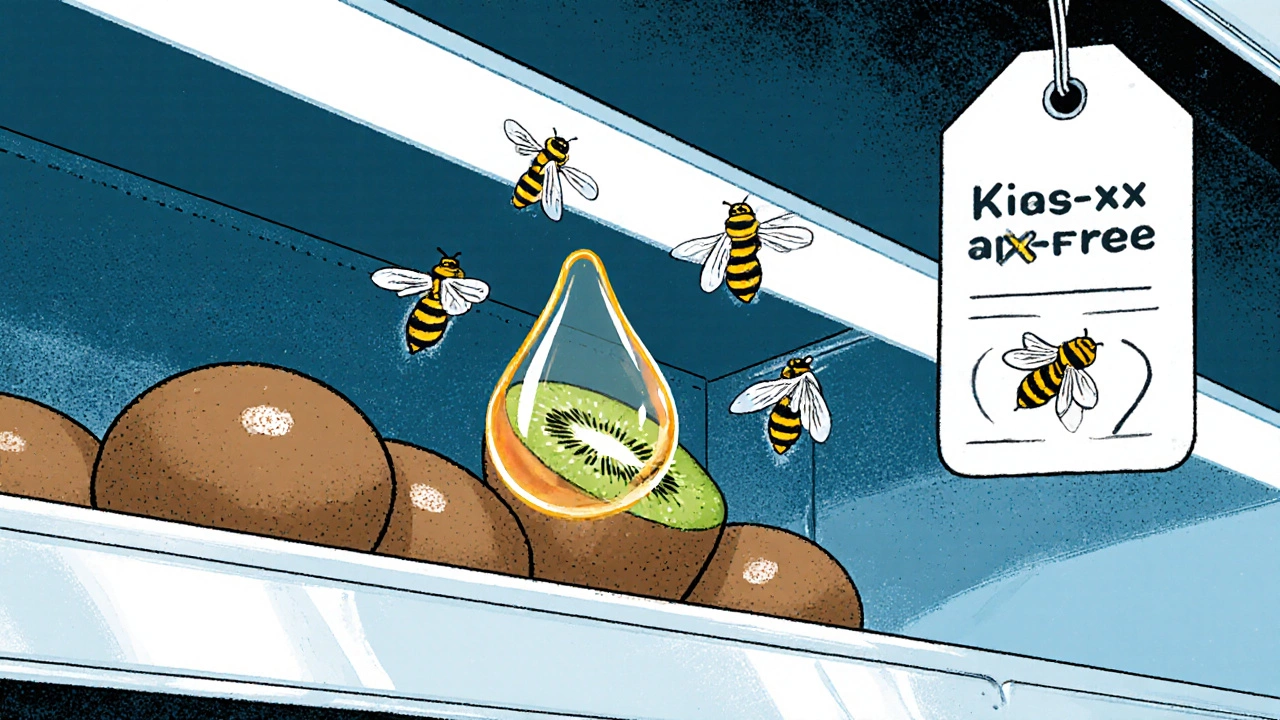 Illustrated supermarket aisle with kiwis, some appearing shiny to suggest wax coating.