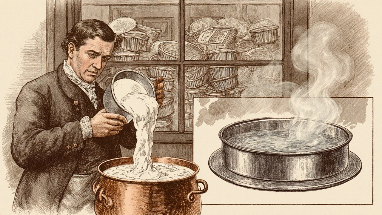 Illustration of 1870s kitchen where cream cheese is made and a cheesecake is baked in a water bath.
