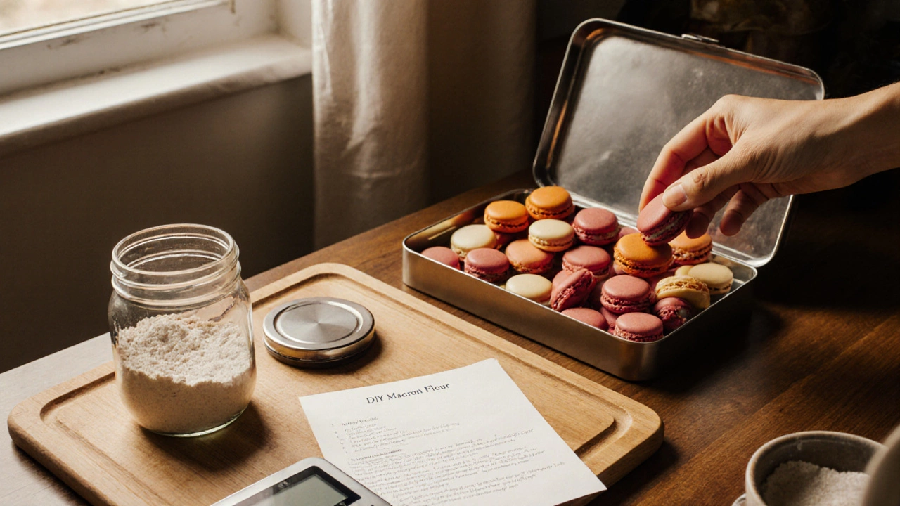 Kitchen table set for DIY macarons with recipe, scale, and a box of seasonal macaron treats.