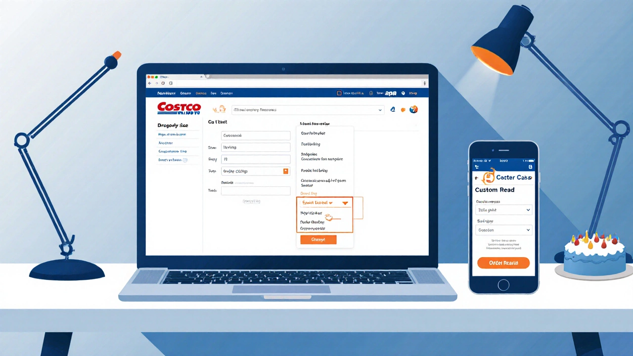 Laptop and phone showing Costco cake customization on website and app.
