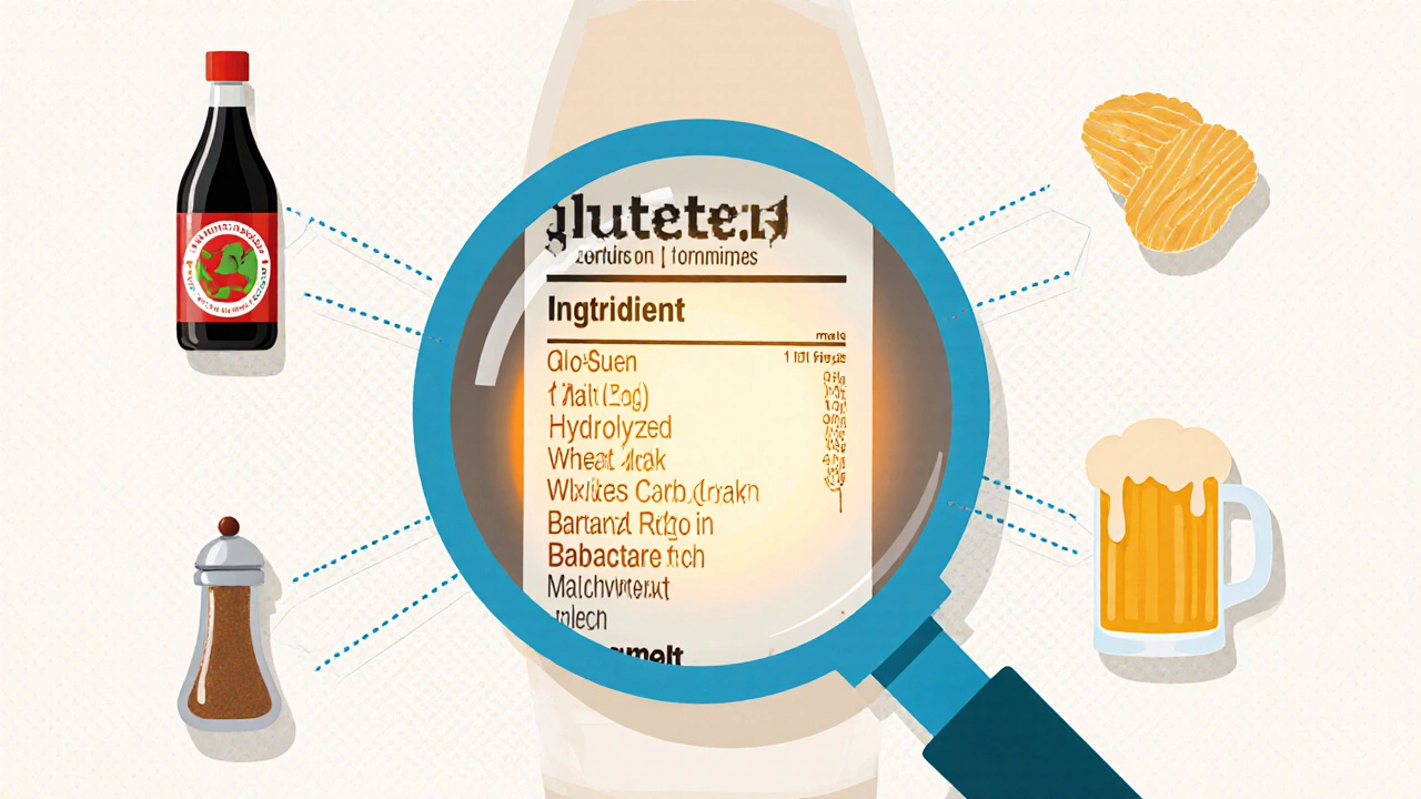 Magnifying glass highlighting hidden gluten ingredients on a label with surrounding food icons.