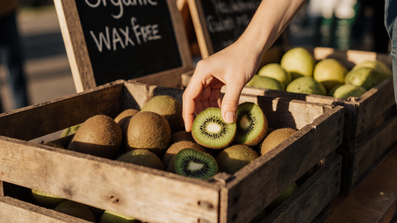 Market stall scene with a hand picking a matte‑skinned kiwi, indicating a vegan choice.