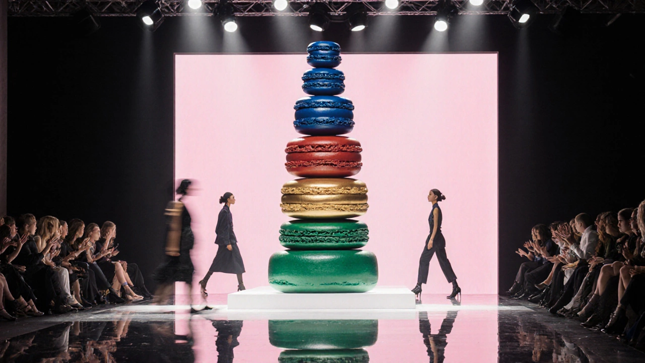 Modern runway display featuring a towering arrangement of colorful macarons.