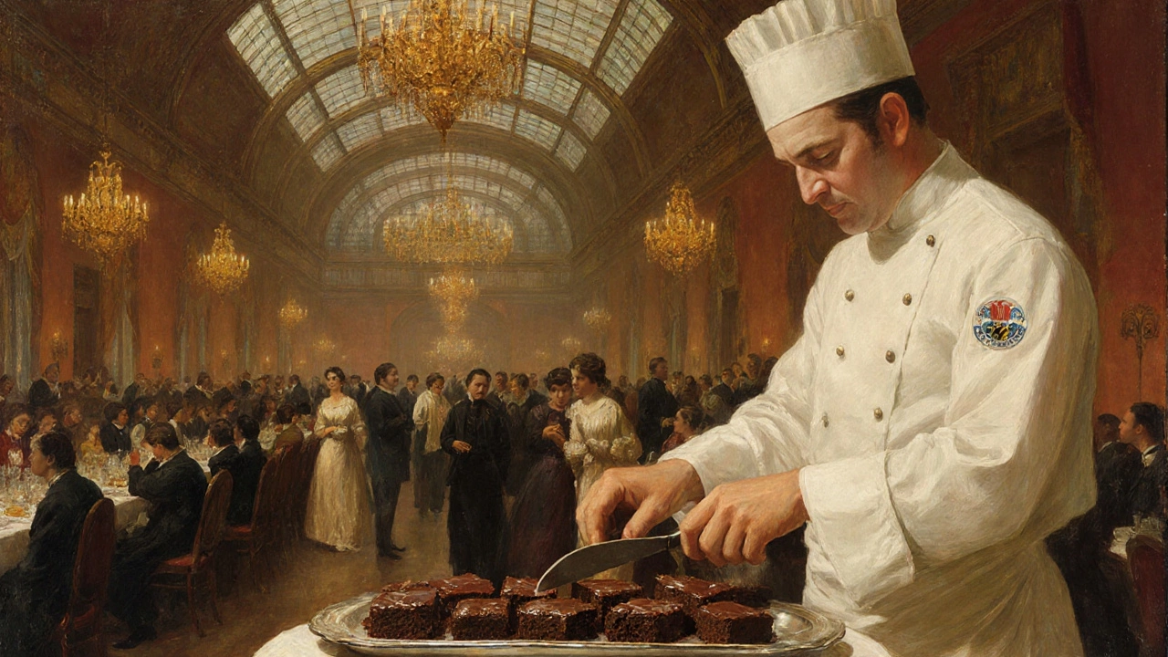 Pastry chef cutting dense chocolate cake into squares at 1893 exposition.