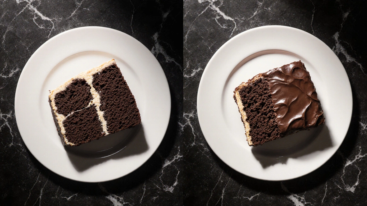 Side‑by‑side chocolate cake slices showing dry texture versus moist crumb.