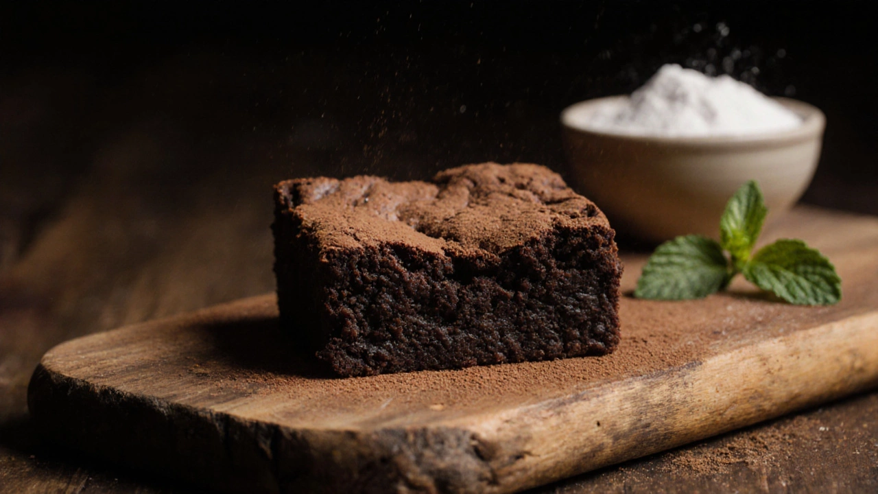 Slice of glossy, crackly‑top brownie dusted with cocoa on a rustic plate.