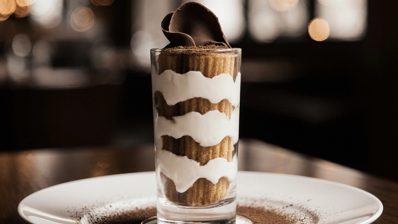 Tall glass of tiramisu showing layered ladyfingers and mascarpone.