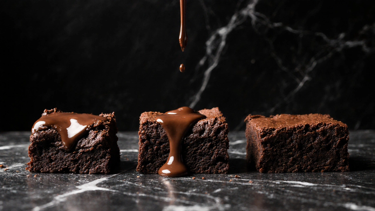 Three brownie slices side by side, showing texture differences based on cooling time.