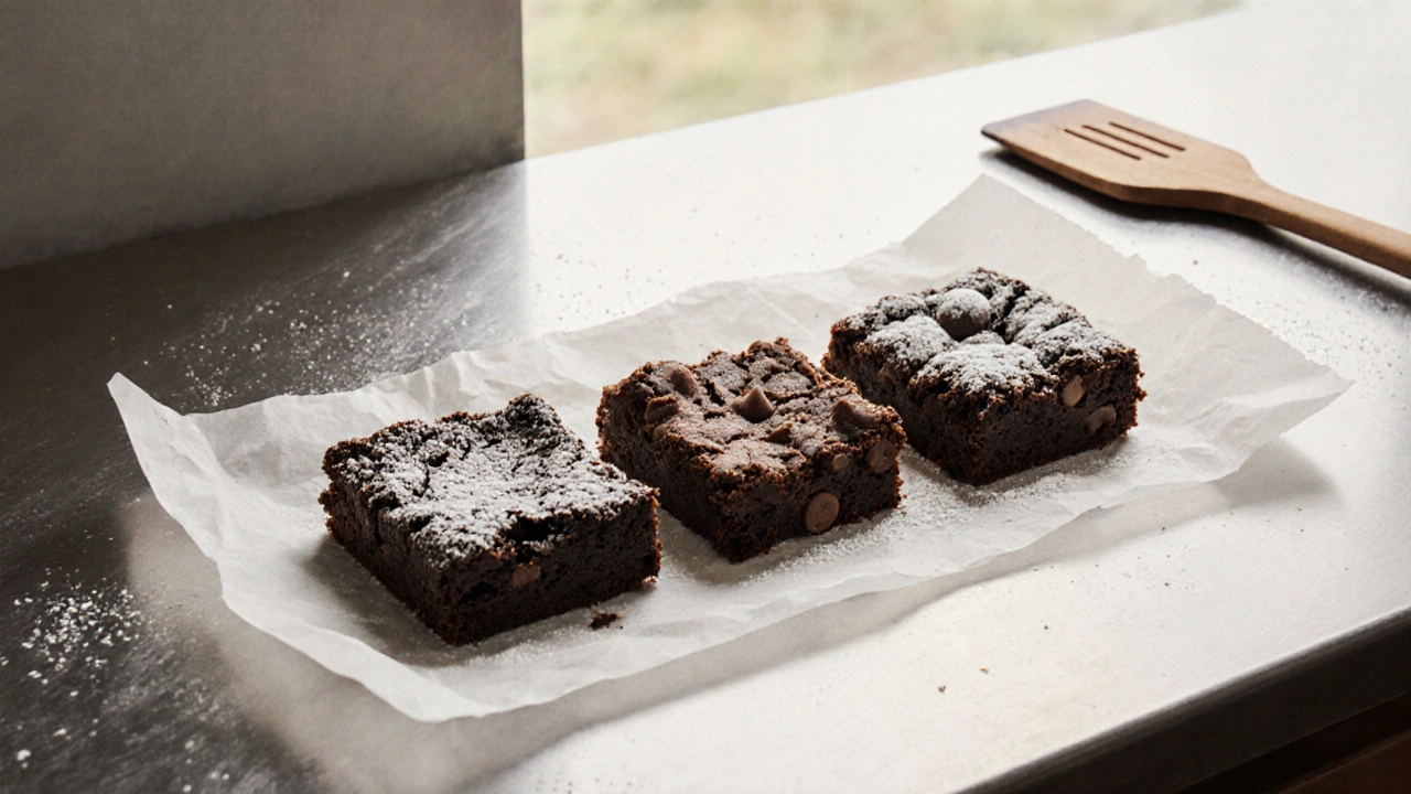 Three brownie types—fudgy, cakey, chewy—displayed on parchment.