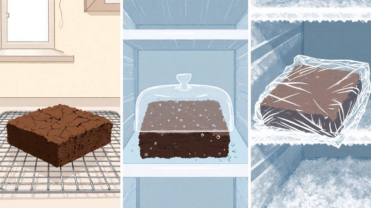 Three brownies illustrating cooling rack, fridge, and freezer methods.