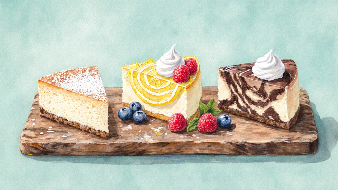 Three cheesecake slices—plain, lemon‑berry, and chocolate swirl—served on a board.
