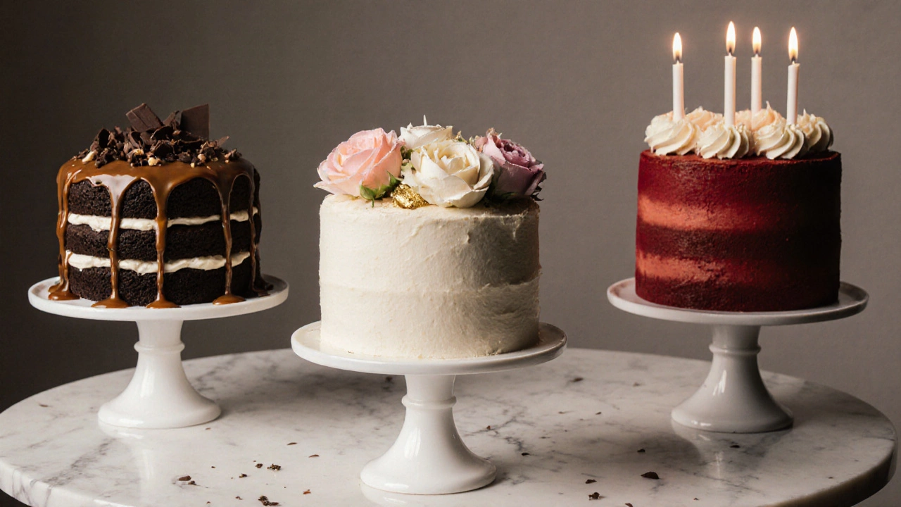 Three classic birthday cakes—chocolate, vanilla, and red velvet—displayed on a marble table with candles and elegant lighting.