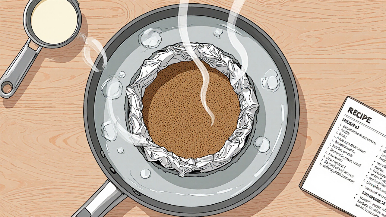 Top‑down view of a foil‑wrapped springform pan in a water bath inside a roasting pan.
