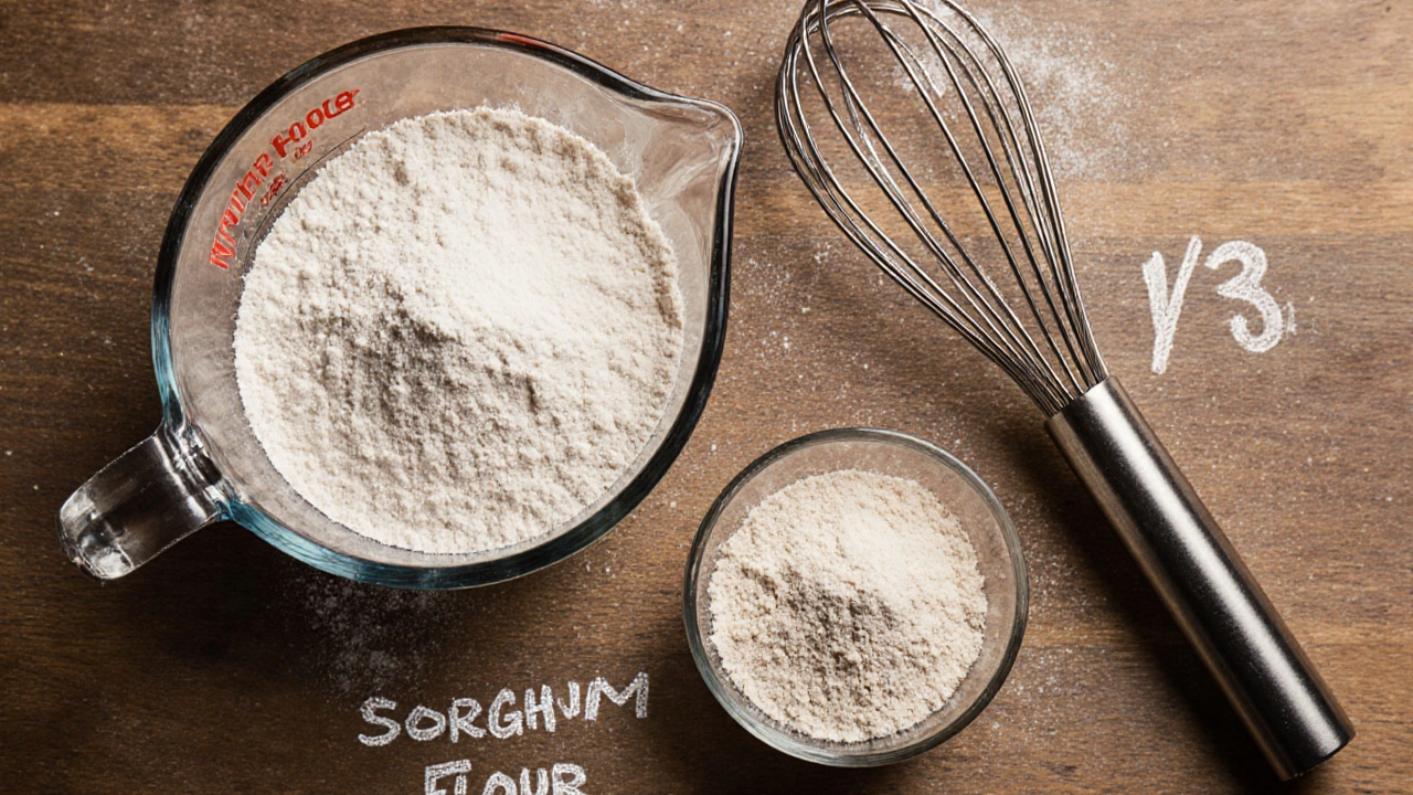 Top‑down view of measured rice, sorghum, almond flours and xanthan gum ready to mix.