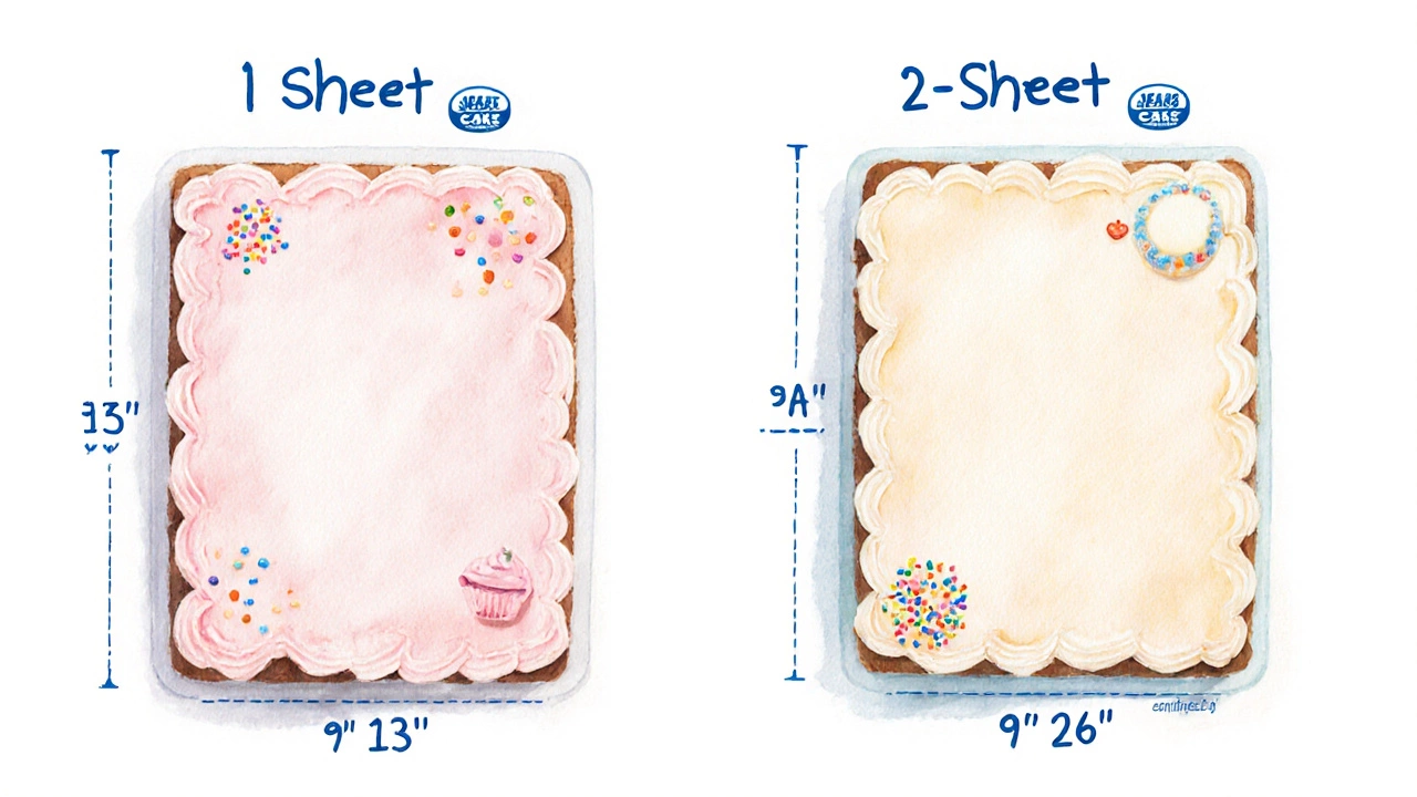 Top‑down watercolor illustration of 1‑sheet and 2‑sheet cakes showing dimensions and optional sprinkles.