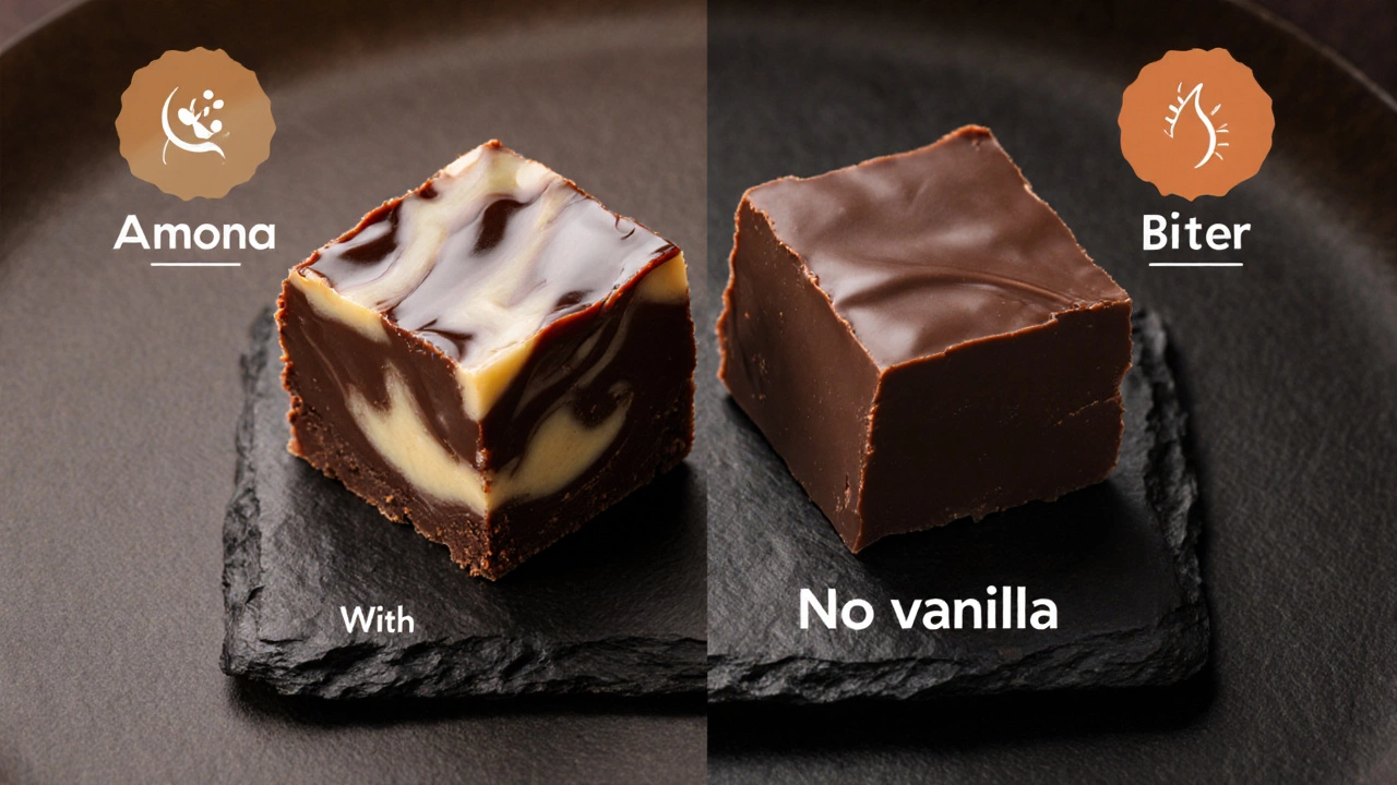 Two fudge squares side by side, one glossy with vanilla, one matte without.