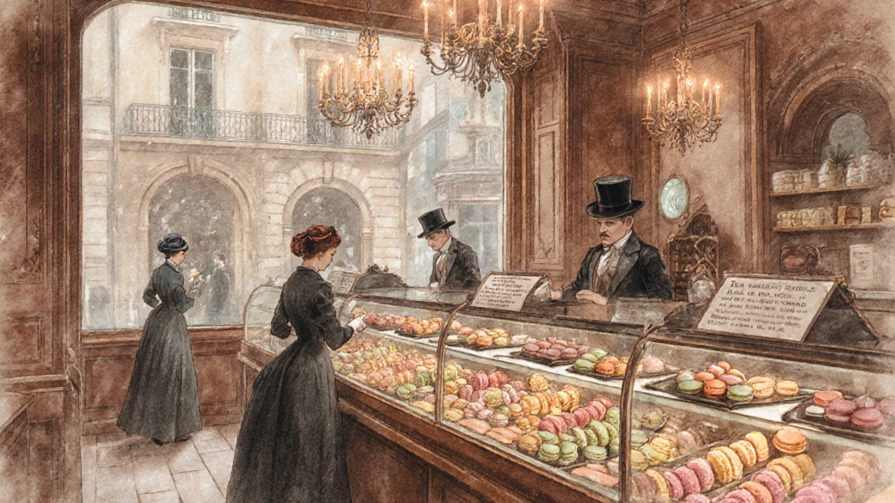 Vintage scene of a 19th-century Paris bakery displaying trays of pastel macarons.