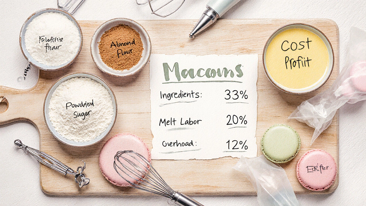 Watercolor flat lay of macaron ingredients, tools, and a cost breakdown chart.