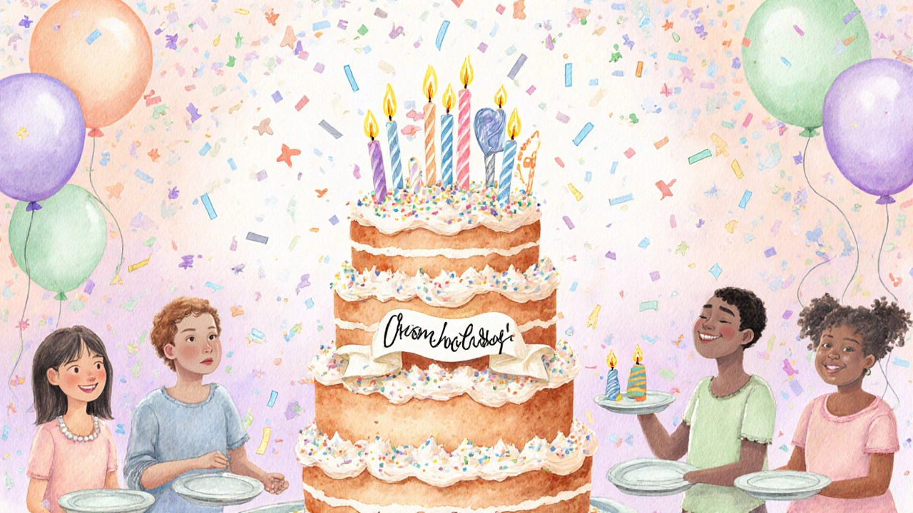 Watercolor scene of a decorated birthday cake with candles, confetti, and happy guests.