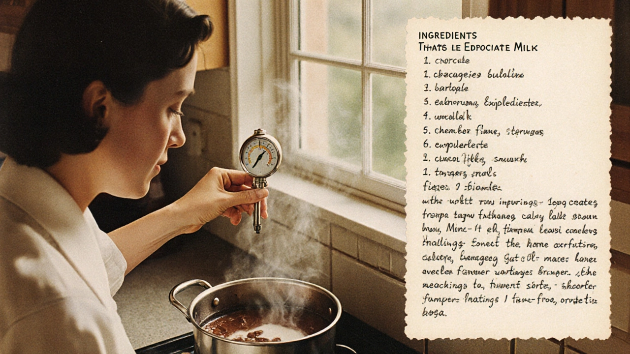 1950s kitchen scene with a woman using a candy thermometer to make fudge.