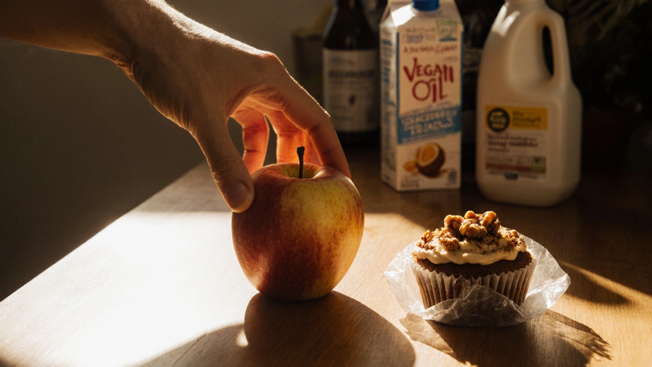A baked apple beside a discarded vegan cupcake, symbolizing simple vs processed treats.