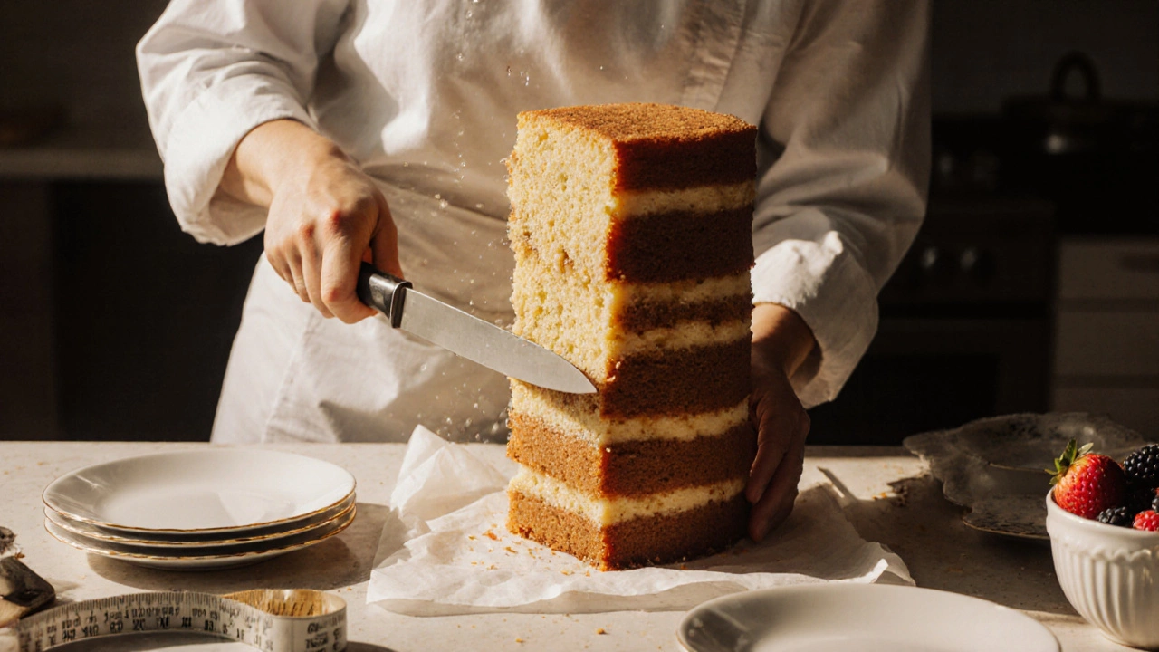 A baker carefully cutting a tall sheet cake with a hot knife, preparing clean slices on a kitchen counter with tools nearby.