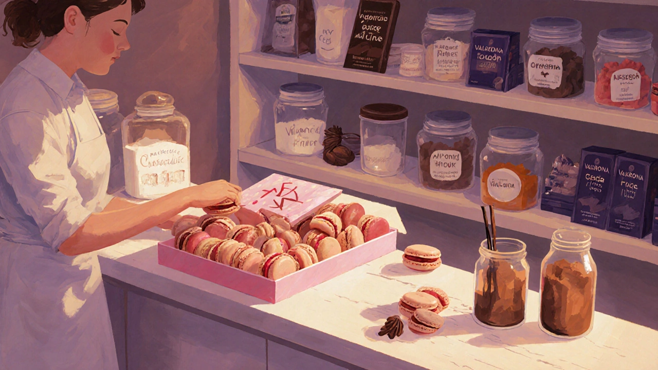 A baker placing macarons into a custom box in a cozy bakery, with ingredients like almond flour and vanilla pods on the counter.