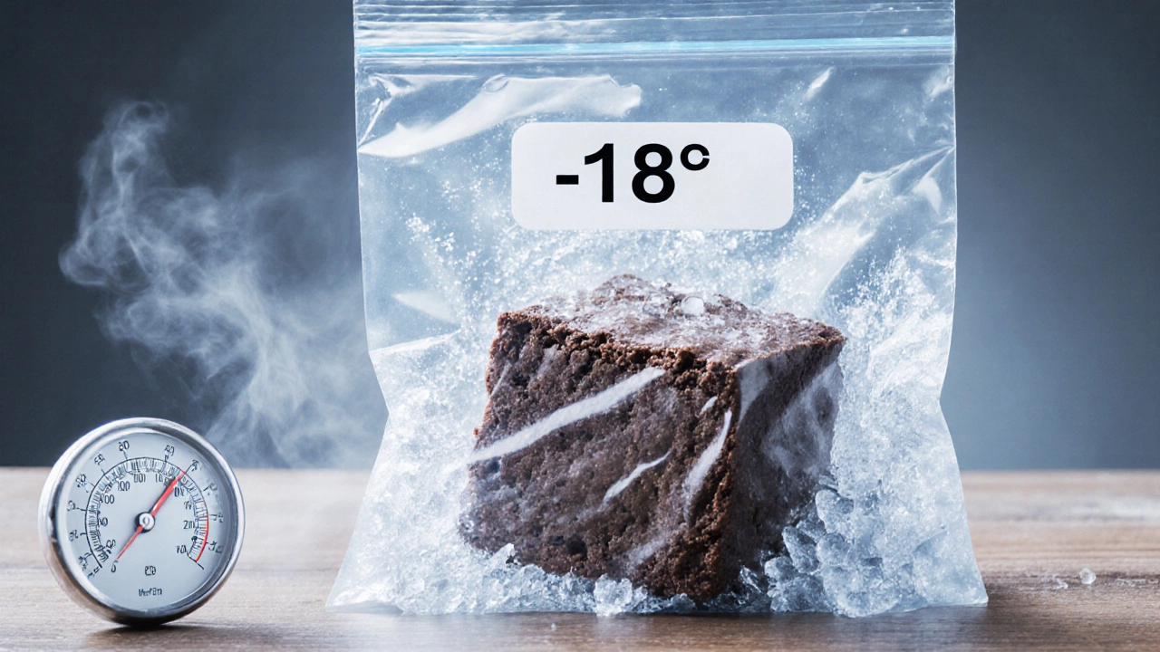 A single brownie wrapped in plastic and sealed in a freezer bag with frosty condensation.