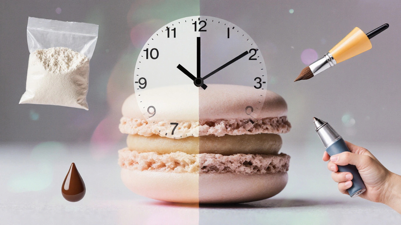 A single macaron overlaid with a clock and tiny ingredient icons, symbolizing the time and care behind each pastry.